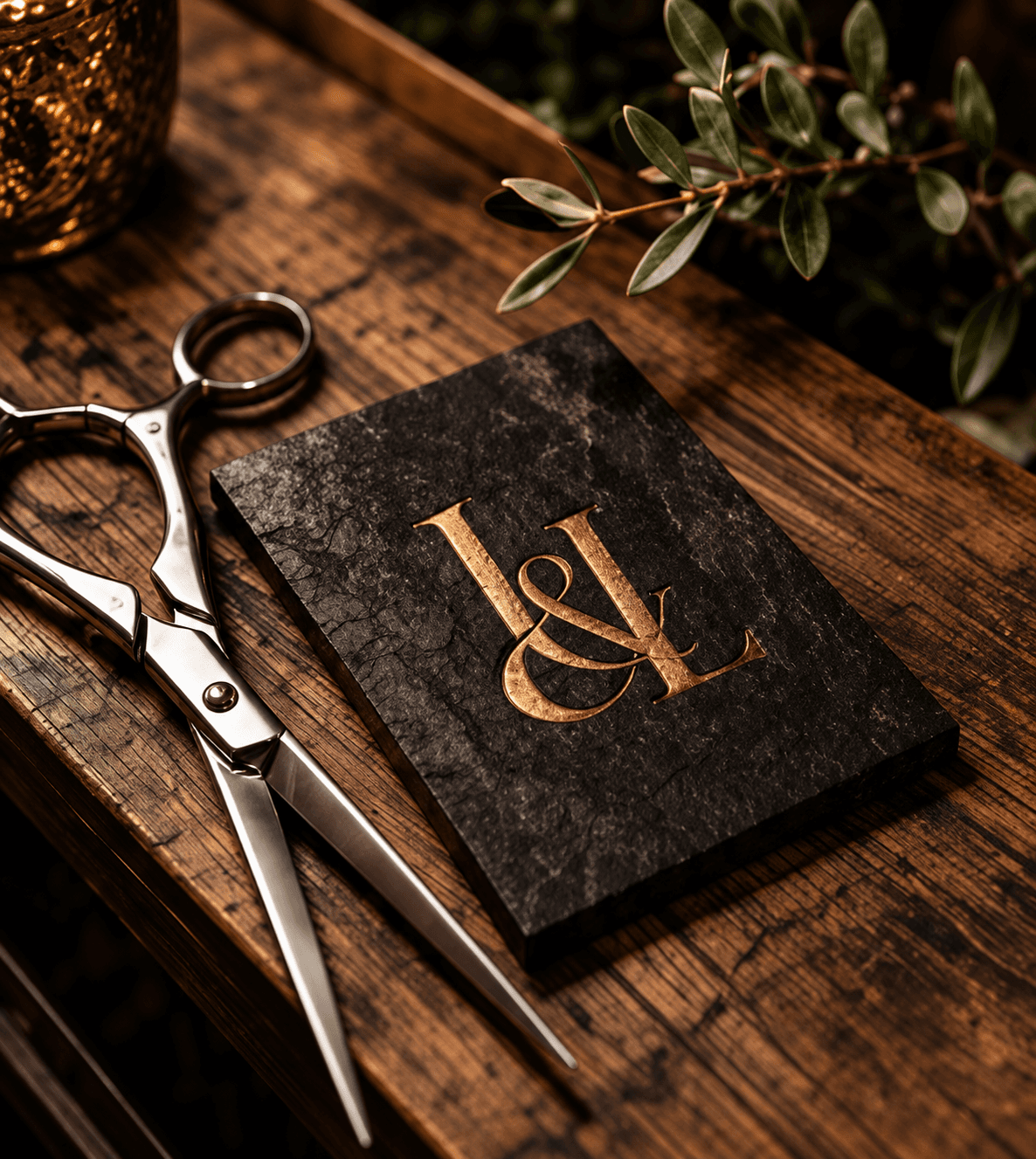 Lumber & Lush precision shears and gold embossed appointment book on rustic dark wood