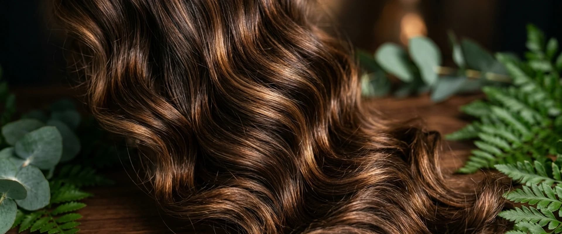 Lumber & Lush luxury glossy hair texture and salon botanical greenery