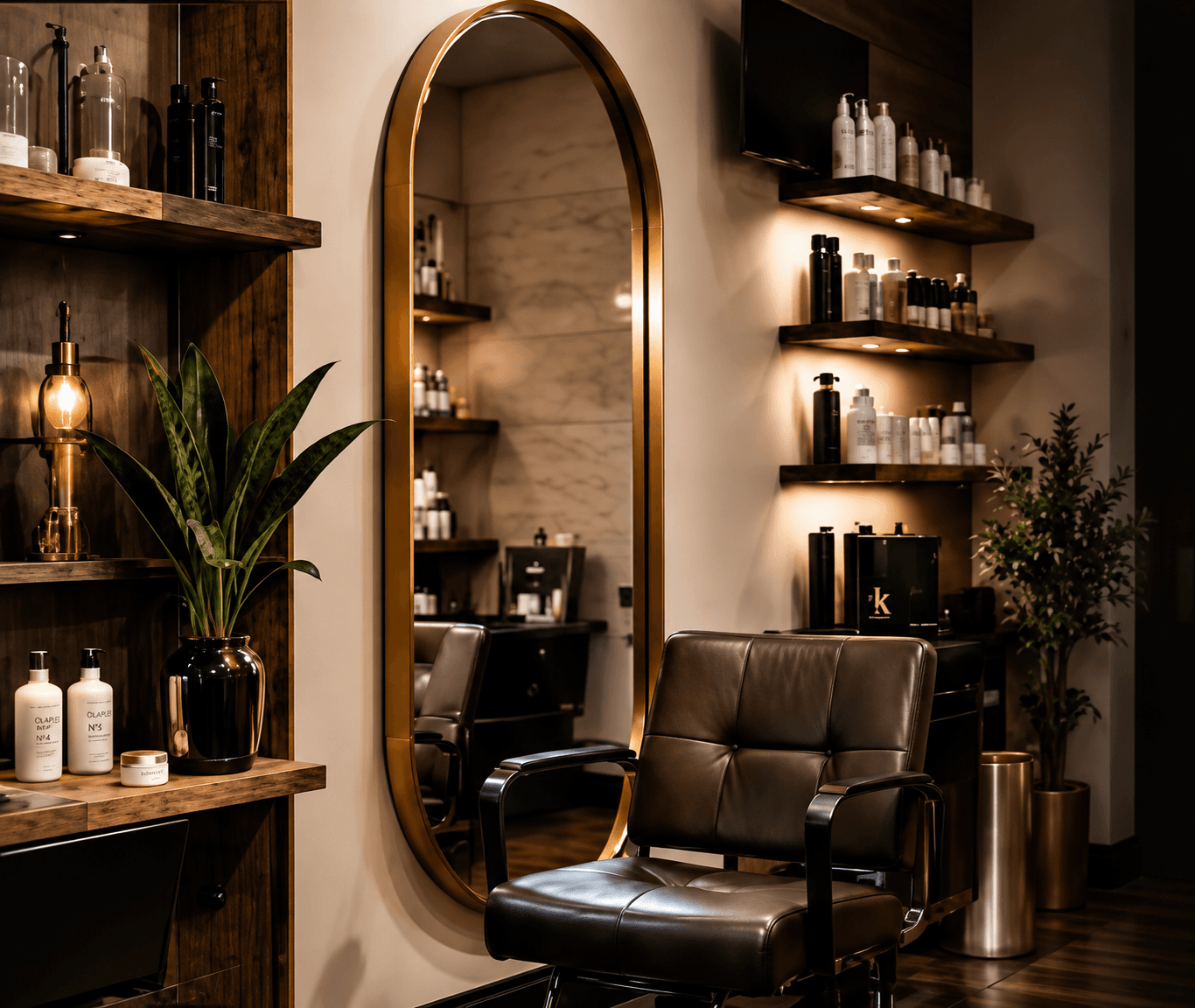 Lumber & Lush luxury arched mirror and leather salon chair