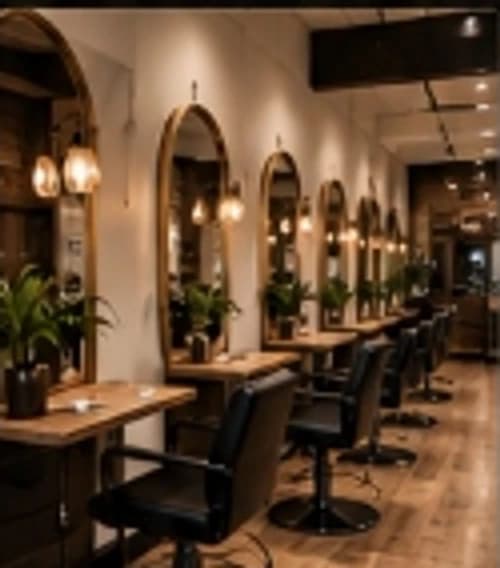 Lumber & Lush salon interior in Davie, FL with arched mirrors and custom leather styling chairs.