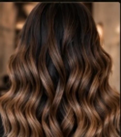 Rich dark chocolate brunette hair with reflective gloss and gentle waves.