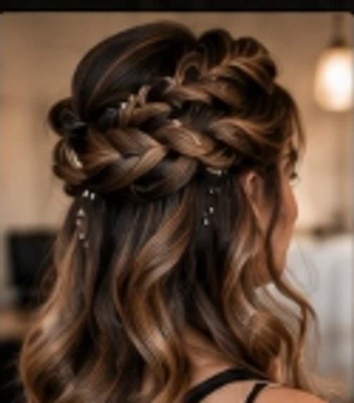 Formal event styling with half-up textured Dutch braid and soft waves.