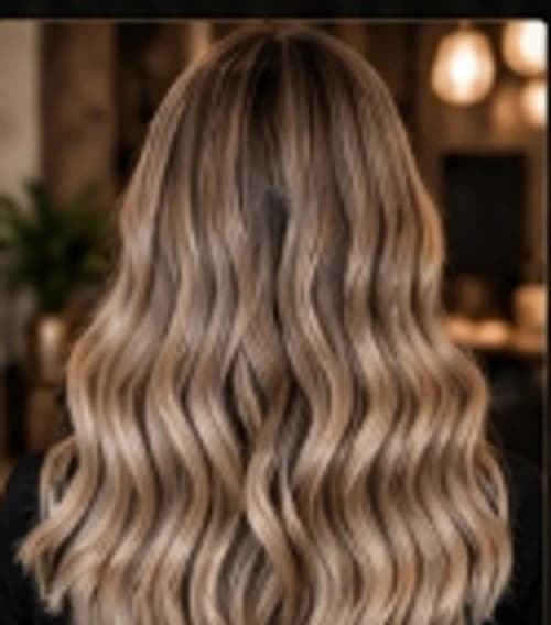High-contrast vanilla blonde balayage with shadow root and tumbling waves.