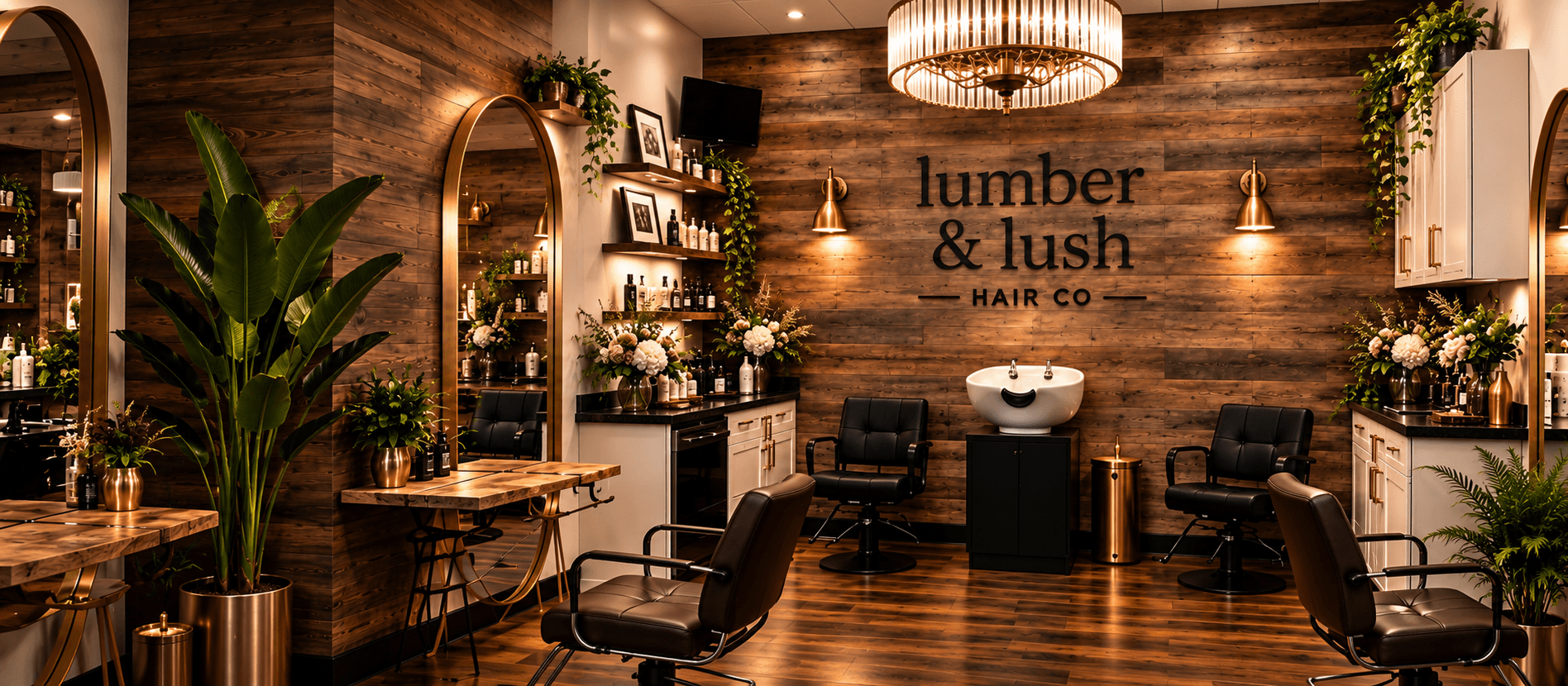 Lumber & Lush Hair Co. luxury salon interior with chandelier and warm wood walls